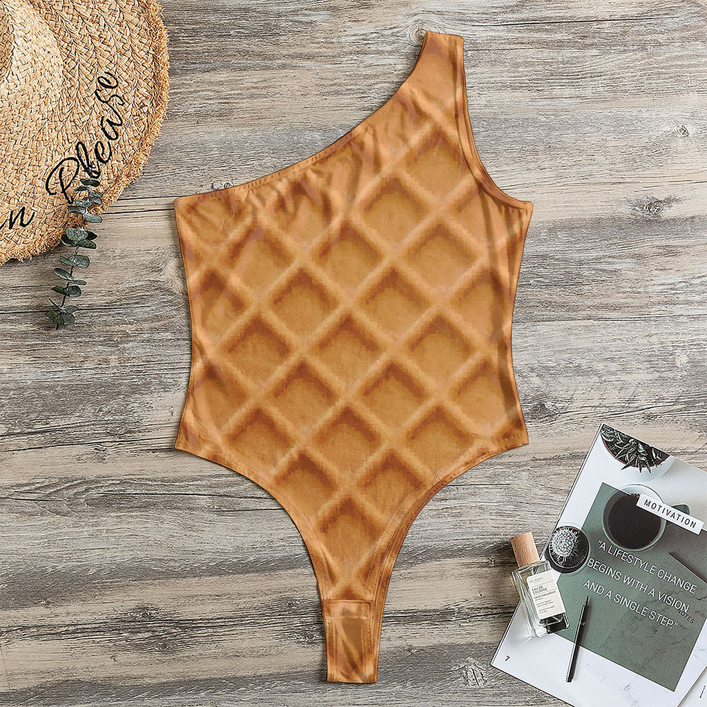 Waffle Pattern Print One Shoulder Bodysuit