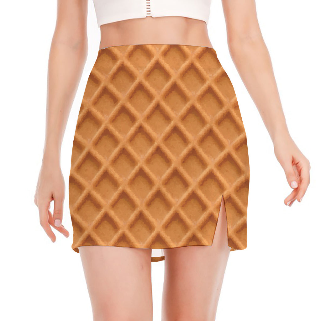 Waffle Pattern Print Side Slit Mini Skirt