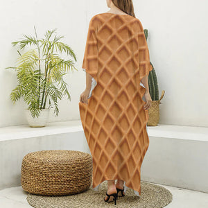 Waffle Pattern Print Silk V-Neck Kaftan Dress