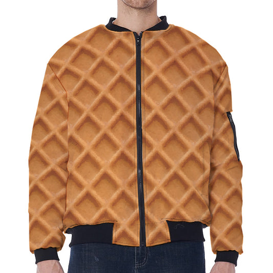 Waffle Pattern Print Zip Sleeve Bomber Jacket