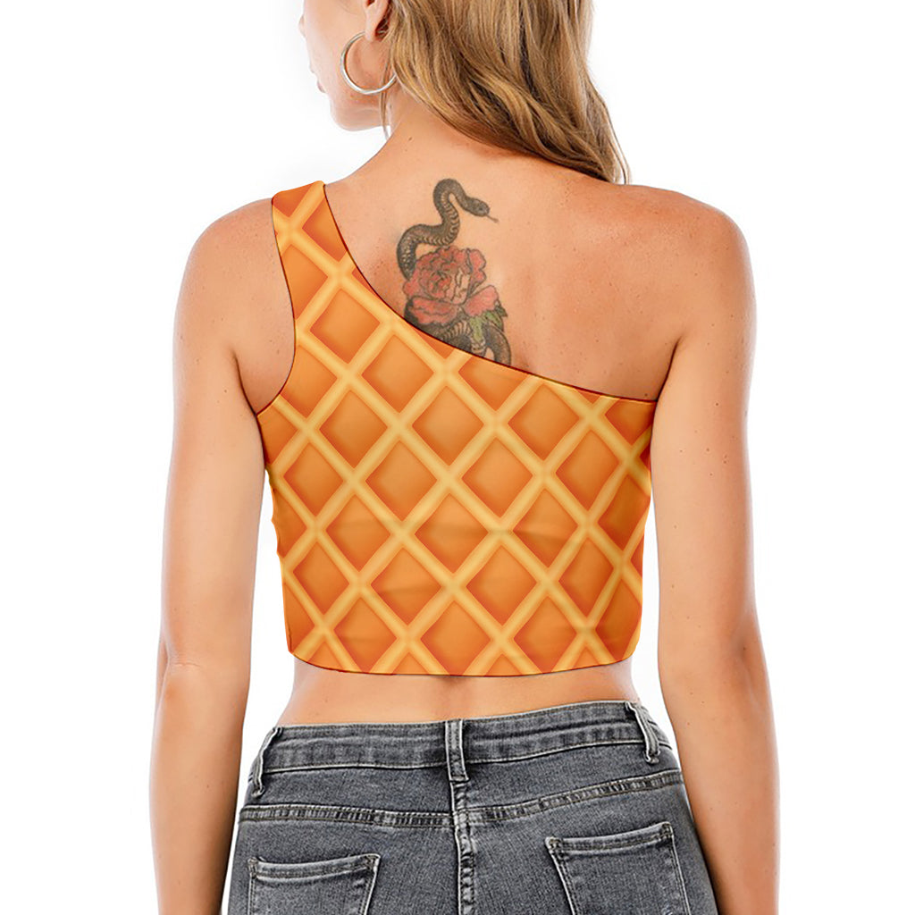 Waffle Print One Shoulder Crop Top