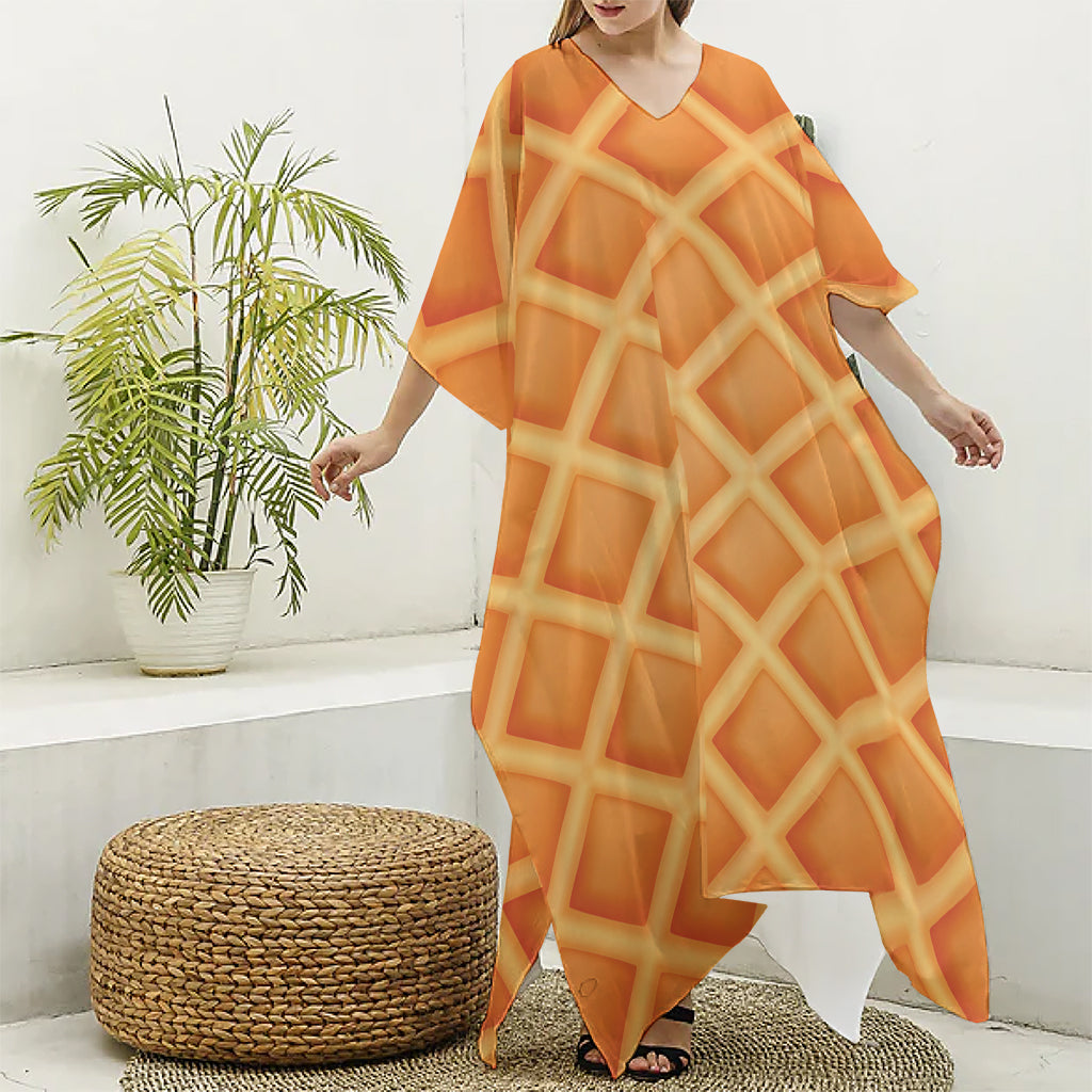 Waffle Print Silk V-Neck Kaftan Dress