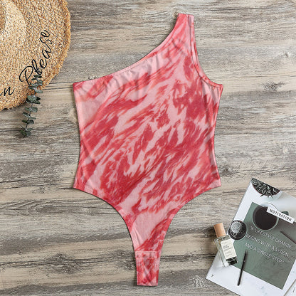 Wagyu Beef Meat Print One Shoulder Bodysuit