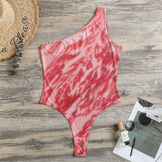 Wagyu Beef Meat Print One Shoulder Bodysuit