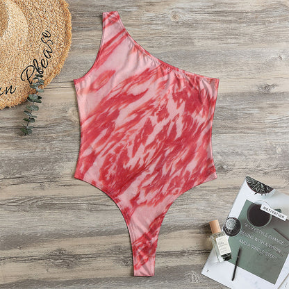 Wagyu Beef Meat Print One Shoulder Bodysuit