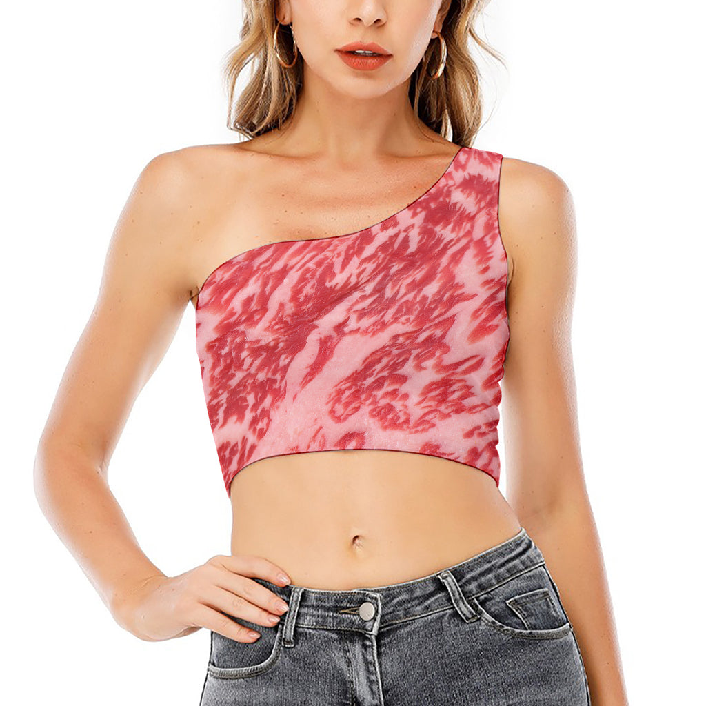 Wagyu Beef Meat Print One Shoulder Crop Top