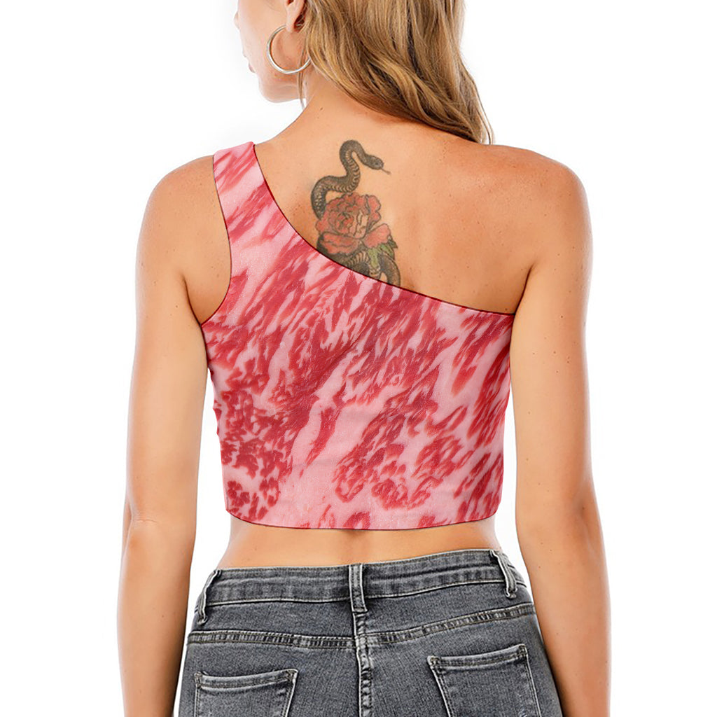 Wagyu Beef Meat Print One Shoulder Crop Top