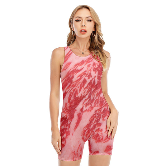 Wagyu Beef Meat Print Sleeveless One Piece Swimsuit
