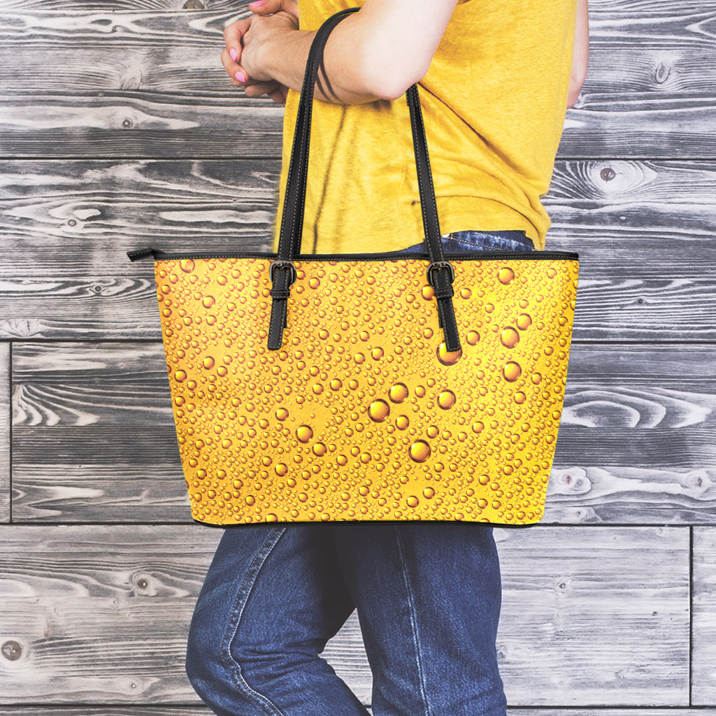 Water Drops On Beer Print Leather Tote Bag