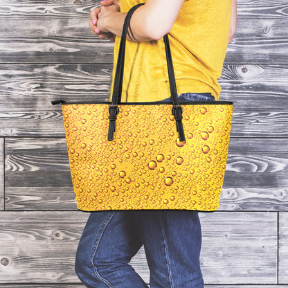 Water Drops On Beer Print Leather Tote Bag