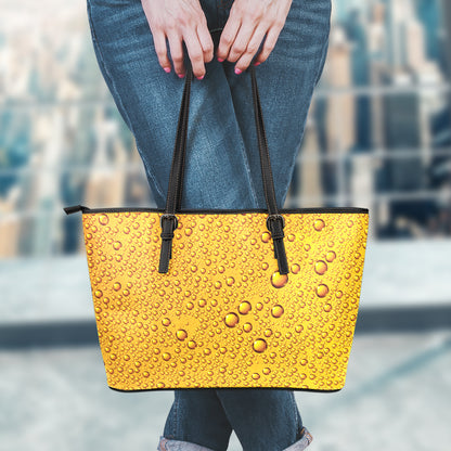 Water Drops On Beer Print Leather Tote Bag