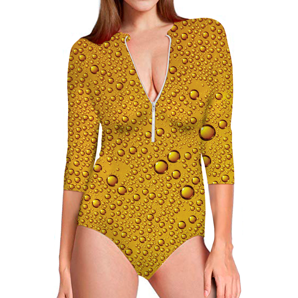Water Drops On Beer Print Long Sleeve Swimsuit