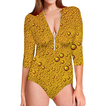 Water Drops On Beer Print Long Sleeve Swimsuit