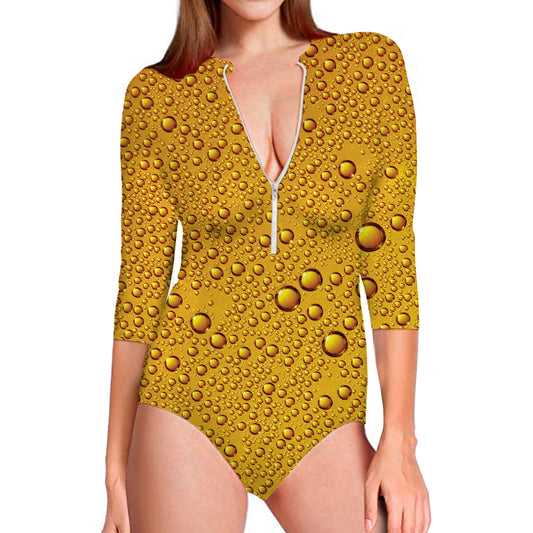 Water Drops On Beer Print Long Sleeve Swimsuit