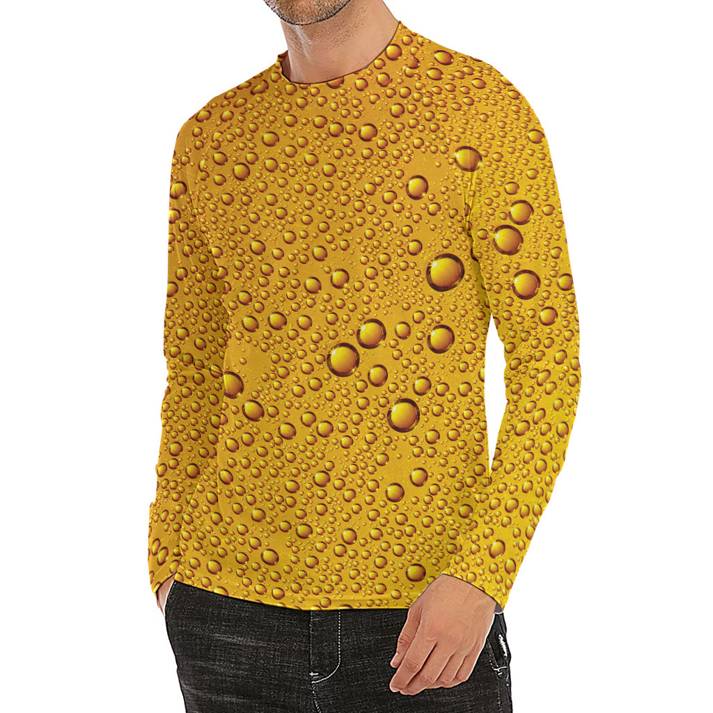 Water Drops On Beer Print Men's Long Sleeve Rash Guard