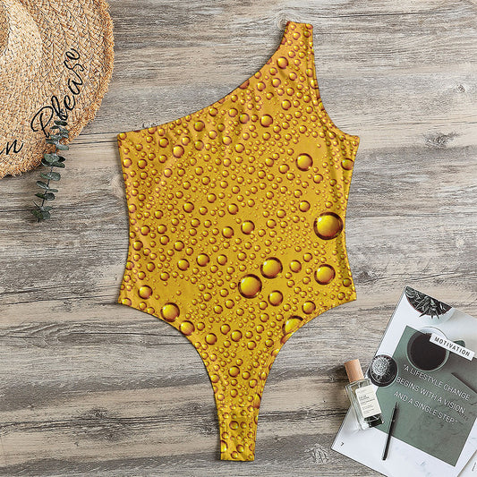 Water Drops On Beer Print One Shoulder Bodysuit