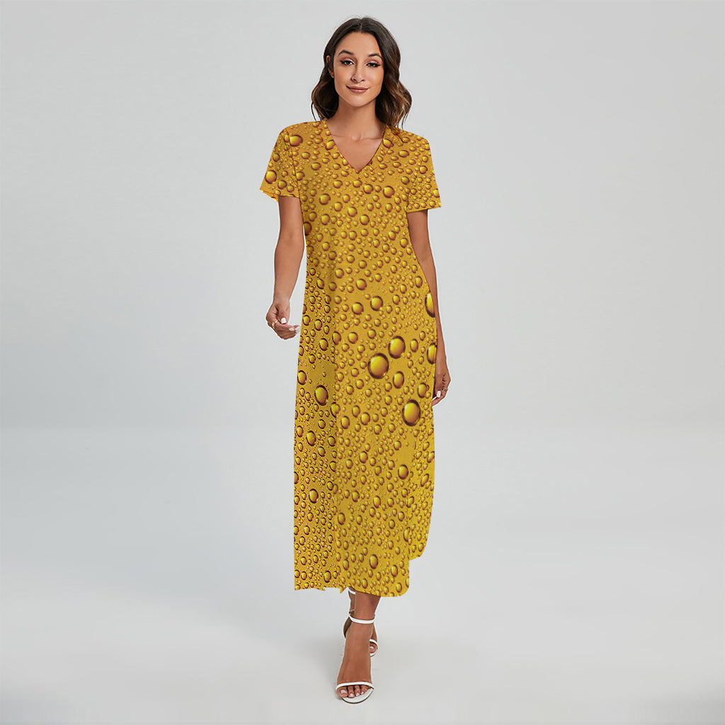 Water Drops On Beer Print Short Sleeve Maxi Dress