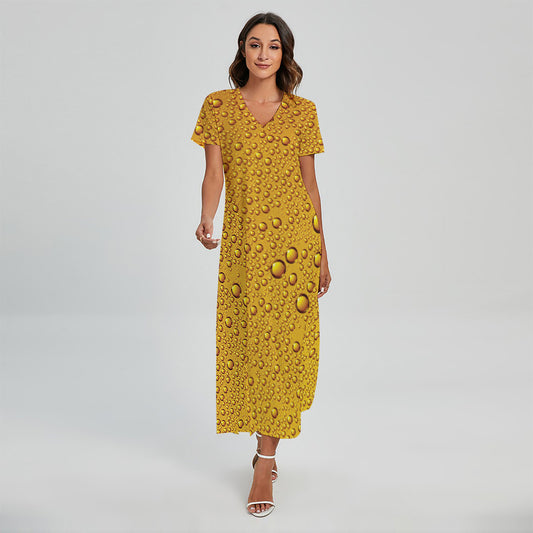 Water Drops On Beer Print Short Sleeve Maxi Dress