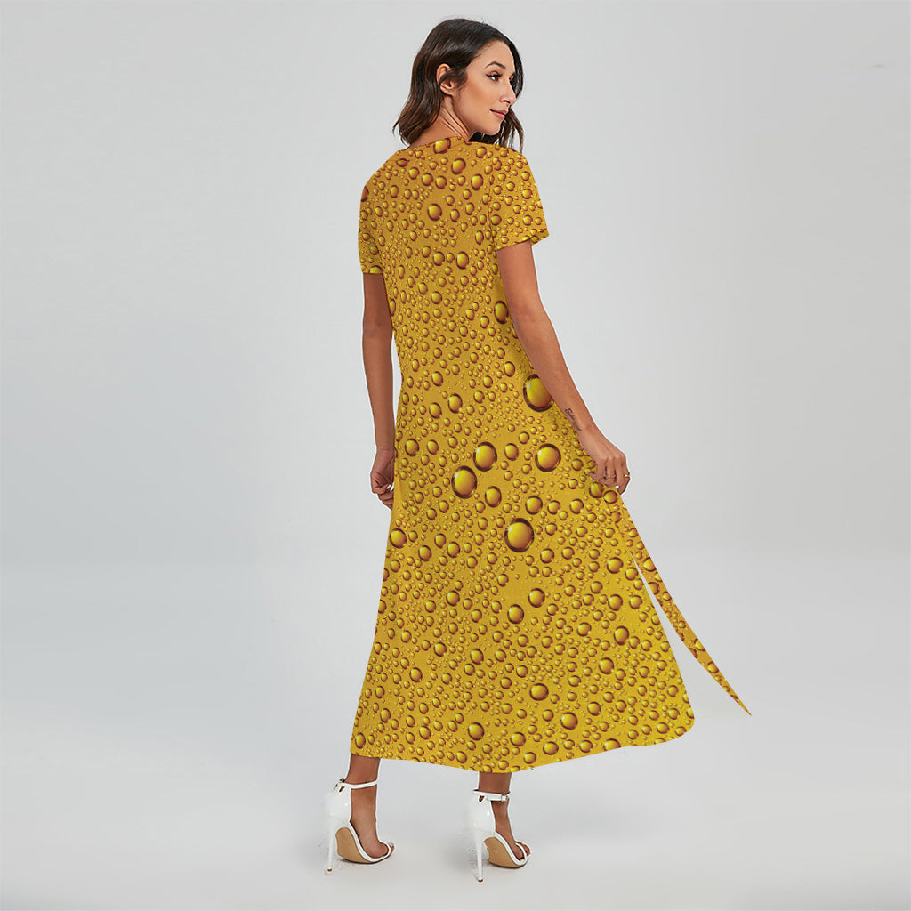 Water Drops On Beer Print Short Sleeve Maxi Dress