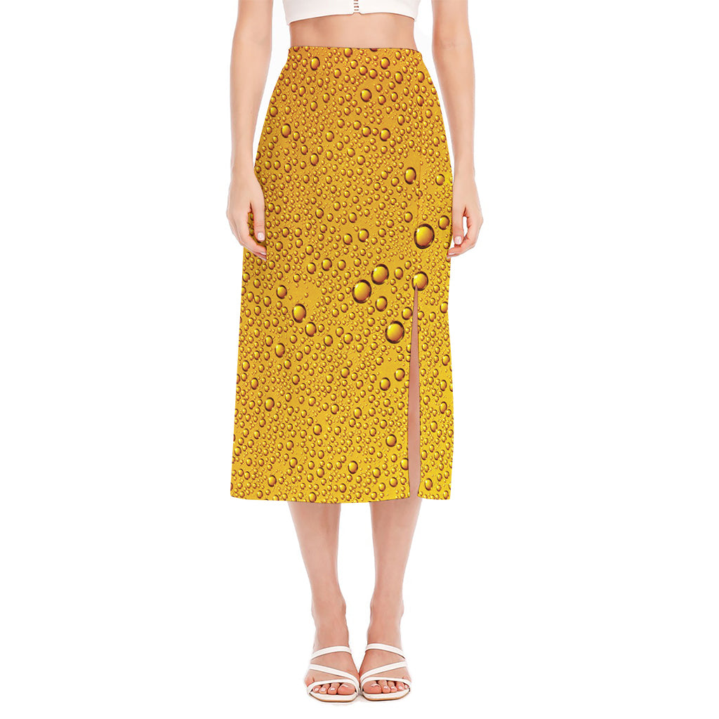 Water Drops On Beer Print Side Slit Midi Skirt