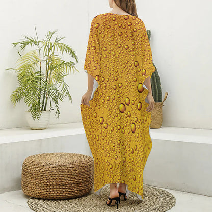Water Drops On Beer Print Silk V-Neck Kaftan Dress
