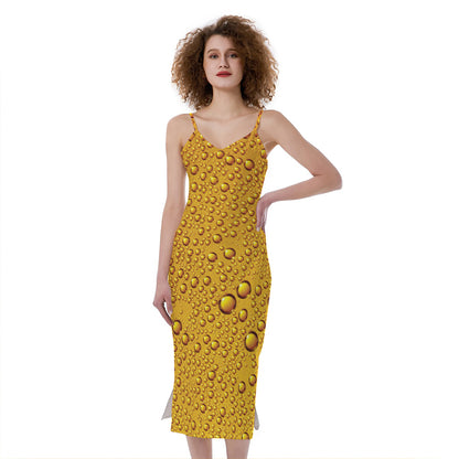 Water Drops On Beer Print Slim Fit Midi Cami Dress