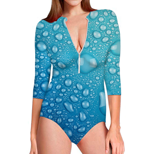 Water Drops Print Long Sleeve Swimsuit