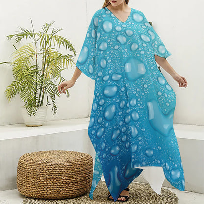 Water Drops Print Silk V-Neck Kaftan Dress
