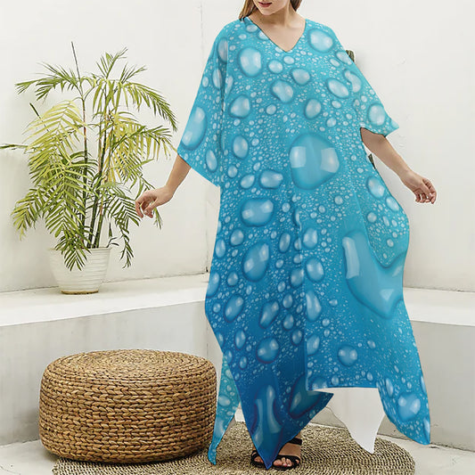 Water Drops Print Silk V-Neck Kaftan Dress