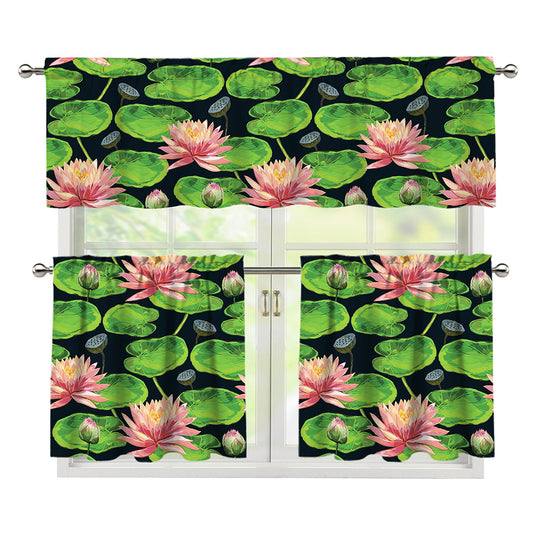 Water Lily Flower Pattern Print 3 Piece Kitchen Curtains