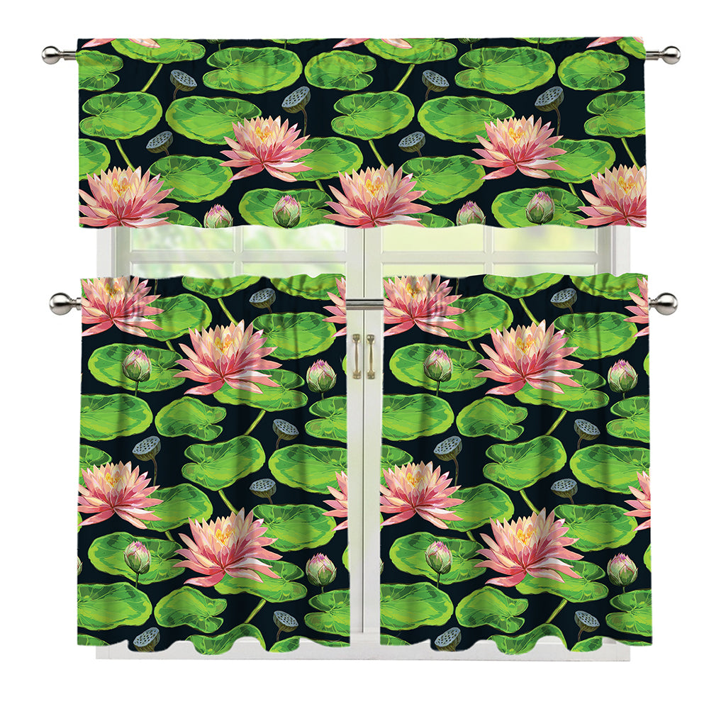 Water Lily Flower Pattern Print 3 Piece Kitchen Curtains