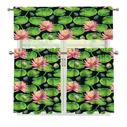 Water Lily Flower Pattern Print 3 Piece Kitchen Curtains