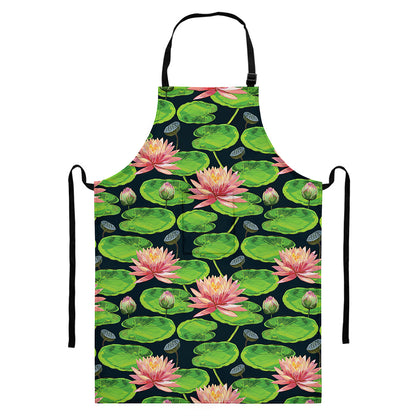 Water Lily Flower Pattern Print Bib Apron With Pocket