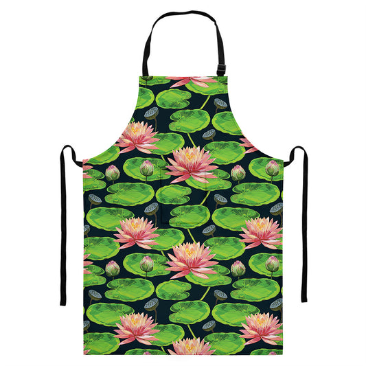 Water Lily Flower Pattern Print Bib Apron With Pocket