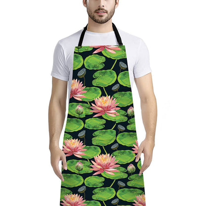 Water Lily Flower Pattern Print Bib Apron With Pocket