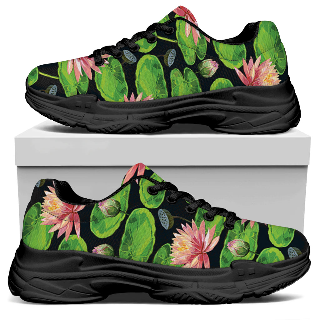 Water Lily Flower Pattern Print Black Chunky Shoes