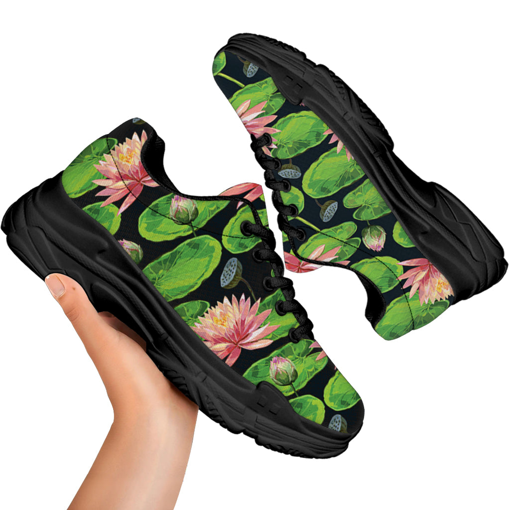 Water Lily Flower Pattern Print Black Chunky Shoes