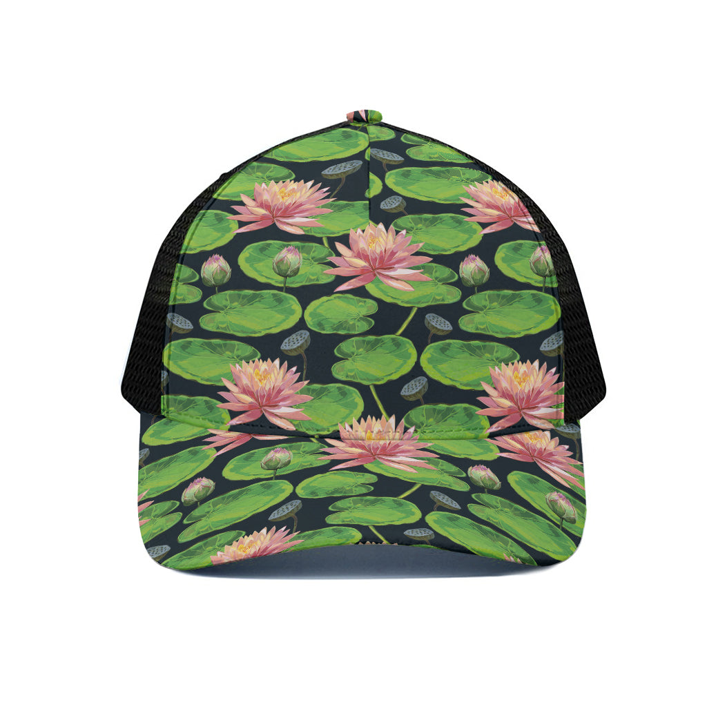 Water Lily Flower Pattern Print Black Mesh Trucker Cap