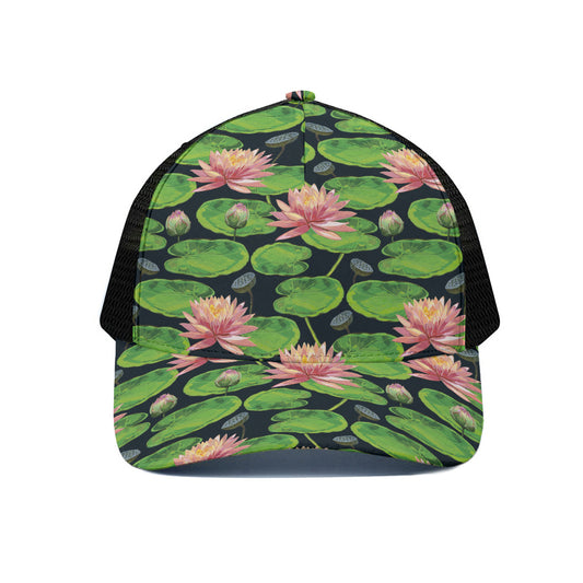 Water Lily Flower Pattern Print Black Mesh Trucker Cap