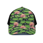 Water Lily Flower Pattern Print Black Mesh Trucker Cap