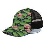 Water Lily Flower Pattern Print Black Mesh Trucker Cap