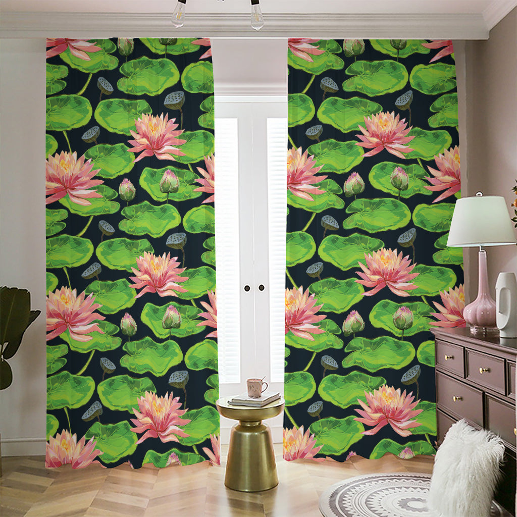 Water Lily Flower Pattern Print Blackout Pencil Pleat Curtains