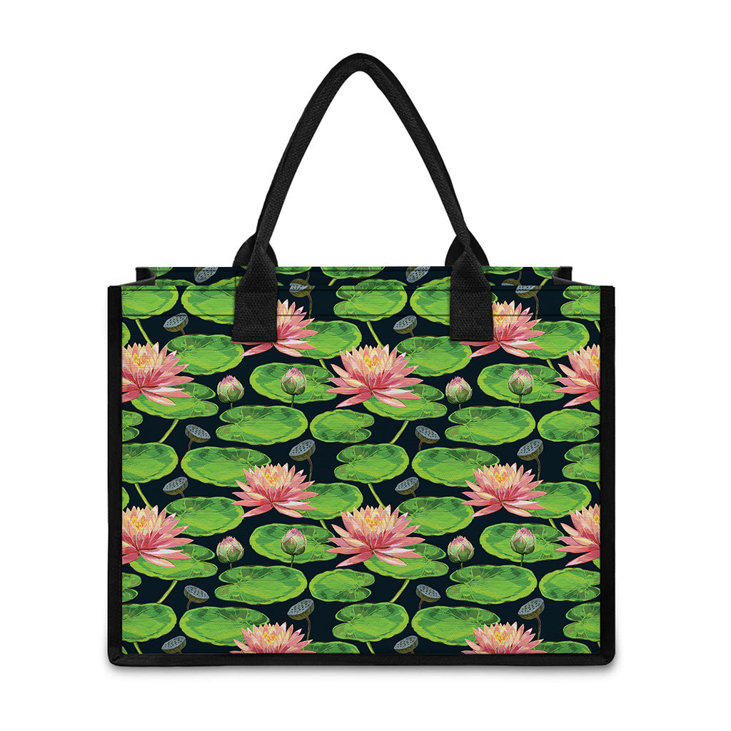 Water Lily Flower Pattern Print Canvas Tote Bag