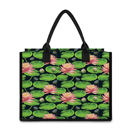 Water Lily Flower Pattern Print Canvas Tote Bag