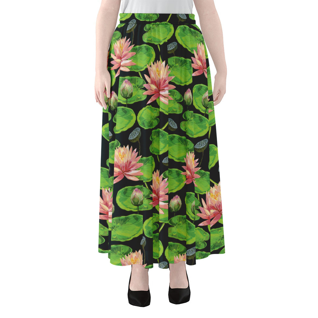 Water Lily Flower Pattern Print Chiffon Maxi Skirt