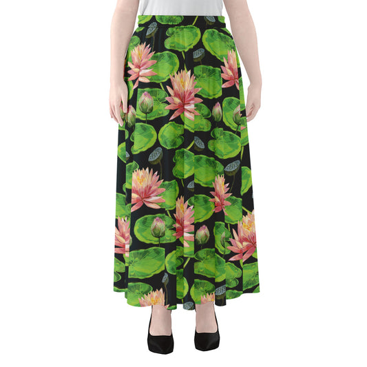 Water Lily Flower Pattern Print Chiffon Maxi Skirt
