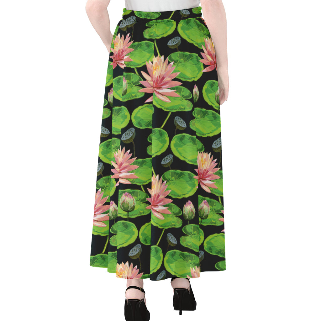 Water Lily Flower Pattern Print Chiffon Maxi Skirt