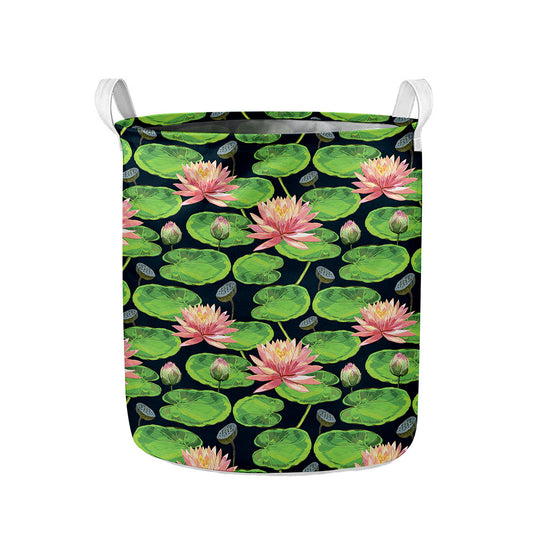 Water Lily Flower Pattern Print Collapsible Laundry Basket