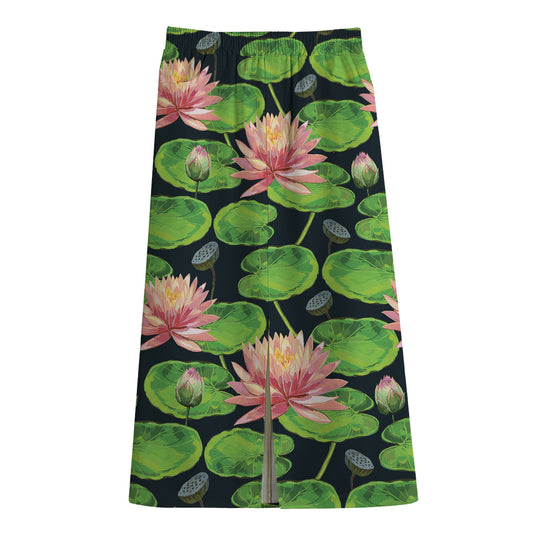 Water Lily Flower Pattern Print Cotton Front Slit Maxi Skirt