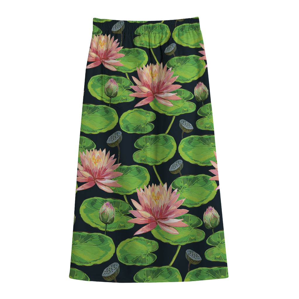 Water Lily Flower Pattern Print Cotton Front Slit Maxi Skirt